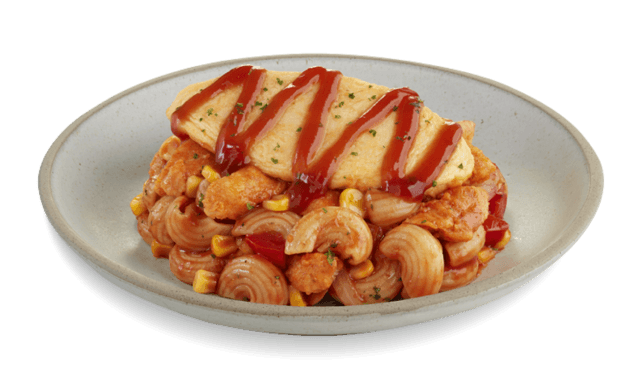 มักกะโรนีผัดไก่และไข่ม้วนฝรั่งเศส
